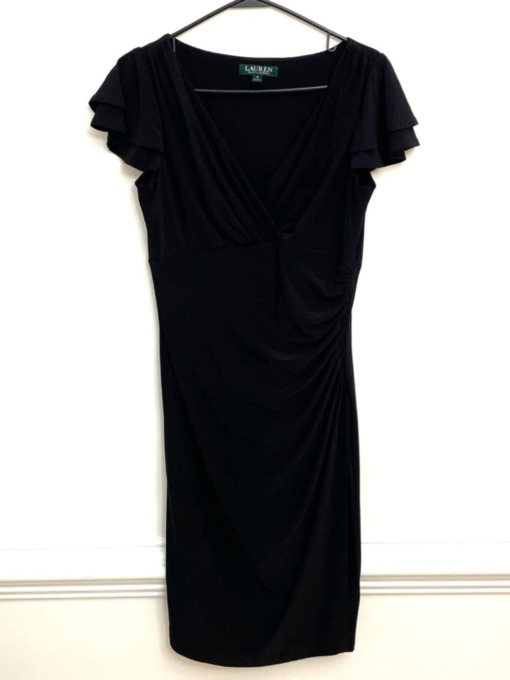 Lauren Ralph Lauren Faux Wrap Ruched Midi‎ Dress Women's 8 Black S/S Flutter LBD